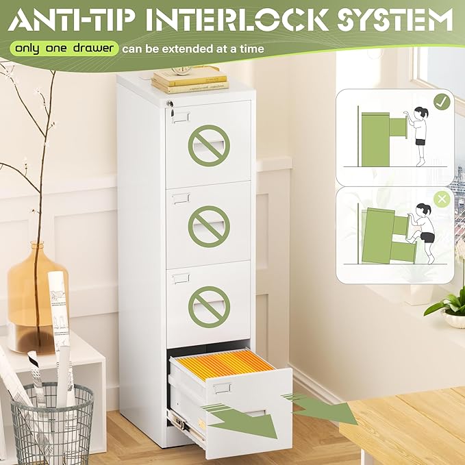 Crownland Lateral File Cabinet with 4 Drawers, 15" W Metal Lockable Office File Cabinets for Home Office- Stores Letter/Legal/A4/F4 Files(White)