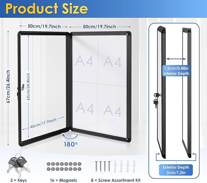 SWANCROWN Enclosed Notice Board Magnetic Bulletin Boards for Office with Locking Door,Black Frame, 26x20inch(4XA4