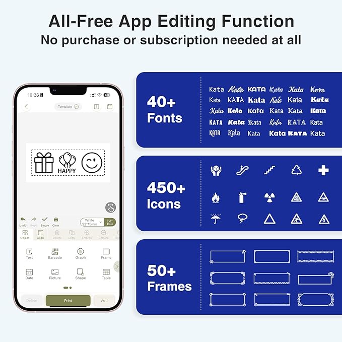 SUPVAN E11 Bluetooth Label Maker Machine with Tape, Support Keyboard & App with 40 Fonts and 450+ Icons, Rechargeable Inkless Labeler for Home, Kitchen, Office, School, Organization, Black
