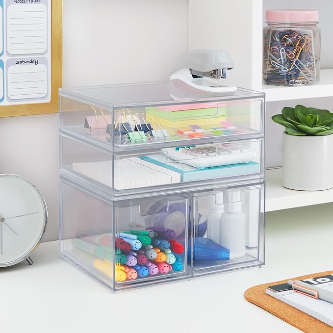 STORi Chloe Space-Saving Clear Drawer Organizer (4 Drawer Set) Sort Office, Kitchen, Beauty Supplies, Makeup, Pens, Jewelry, Stationary, Made in USA