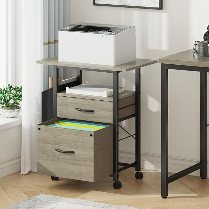 2 Drawer File Cabinet with 24'' Extended Desktop, Mobile Filing Cabinet, Rolling File Cabinet with Side Bag, Fabric Drawer, Fits A4 Size, Home Office, Oak Grey