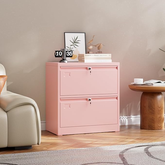 2 Drawer Lateral File Cabinet, Metal Wide Filing Cabinet with Independent Locks, Home Office Furniture for Hanging Files Letter/Legal/F4/A4 Size, Assembly Required, Pink
