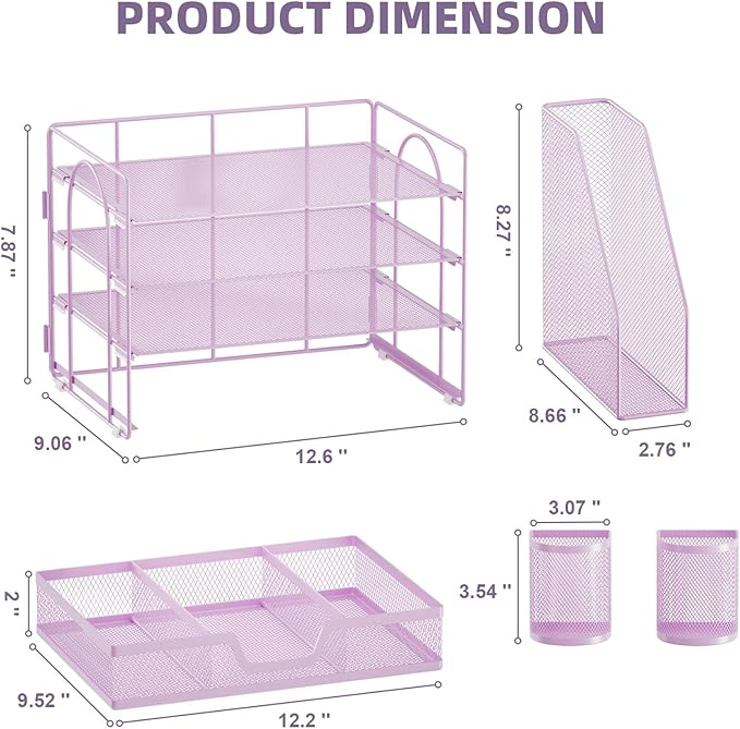 Marbrasse Desk Organizer and Accessories，4-Tier Paper Letter Tray Organizer with File Holder, Workspace Desk Organizers Accessories with Drawer and 2 Pen Holder (Purple, 15.4" x 9.1" x 8.3")