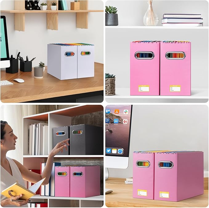 BALEINE File Organizer Box, Cardboard File Folder Organizer with Handle for Letter Size, Portable Collapsible Hanging Filing Box for Home Office Document Storage (2 Pack, White)