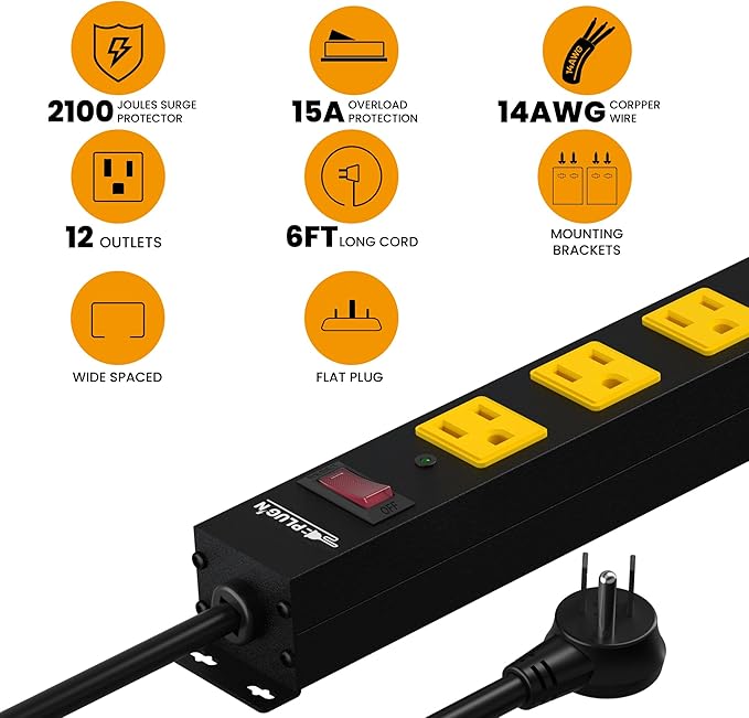 12 Outlet Long Power Strip, 2100 Joules Surge Protector, 6FT Power Cord, Wide Spaced Outlet Power Bar, Overload Protection Switch, Industrial Heavy Duty for Work Bench, Shop, Garage, 2 Pack…
