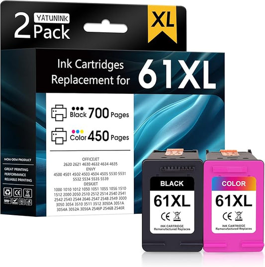 61XL 61 Ink Cartridge Combo Pack Compatible for HP Ink 61 Works with Envy 4500 4501 4630 5530 Deskjet 1000 1010 2540 Officejet 4630 4635 Printer (1 Black, 1 Color) 2-Pack