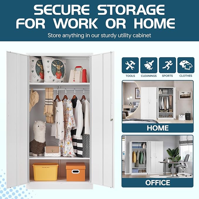 MIIIKO Metal Clothing Storage Locker, Steel Wardrobe Cabinets with Shelves and Hanging Rod, 72" Large Storage Locker Closet for Garments, Sports Equipment and Shoes