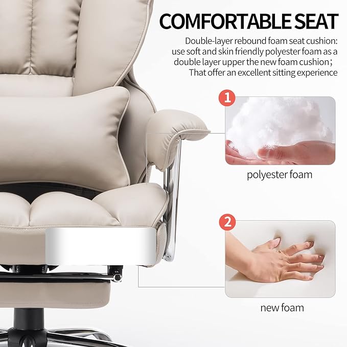 Efomao Big and Tall Office Chair 400lbs – High Back PU Leather Executive Chair with Lumbar Support, Footrest, Swivel Base, Padded Armrests, and Rolling Wheels for Home Office, Grey Computer Chair