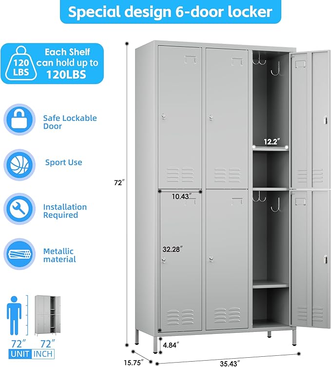 6 Doors Metal Locker with Business Card Holder,Metal Locker for Employees with 18 Hooks for School Garage Office Gym Home,Assembly Required,Light Grey