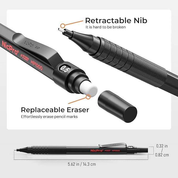 Nicpro 0.5 mm Mechanical Pencils Set with Case, 3 Metal Artist Pencil With 480PCS HB Lead Refills, 3 Erasers,9 Eraser Refills For Architect Art Writing Drafting, Drawing, Engineering, Sketching, Black