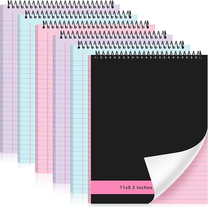 6 Pcs Legal Pad Top Spiral Bound Notebook 70 Sheets Wirebound Notepad Double Sided Ruled Memo Steno Book with Stiff Back Cover for Business(8.5 x 11 Inches,No Holes,3 Colors)