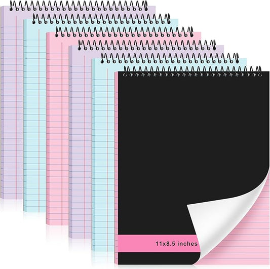 6 Pcs Legal Pad Top Spiral Bound Notebook 70 Sheets Wirebound Notepad Double Sided Ruled Memo Steno Book with Stiff Back Cover for Business(8.5 x 11 Inches,No Holes,3 Colors)