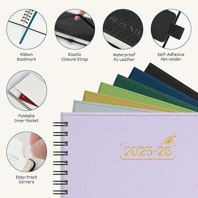 BEZEND Pocket Planner 2025-2026 Weekly with 2 Columns, 18-Month Academic Calendar (Jul 25-Dec 26), Life Work App., Storage Pocket, Pen Holder, PU Leather Softcover 3.5" x 6" Spiral - Lilac