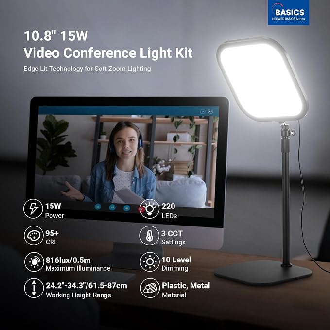 NEEWER Basics 10.8" Video Conference Lighting, 15W Bi Color Edge Lit Full - Image 2