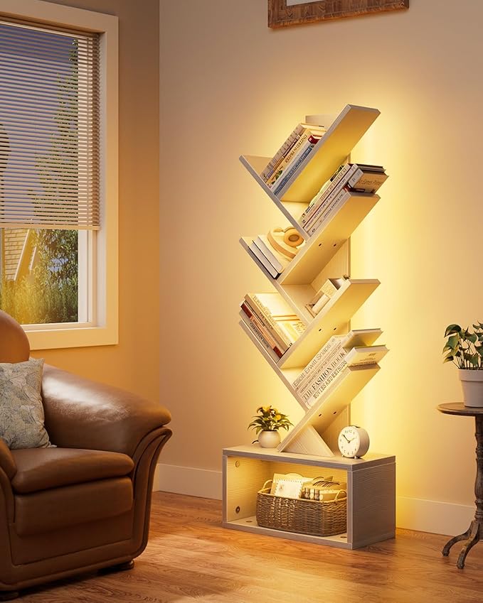 6 Tier Tree Bookshelf with Lights, LED Book Tree Bookcase with Storage Organizer, Small Corner Bookshelf Floor Standing Book Shelf for Living Room, Bedroom & Home Office, White