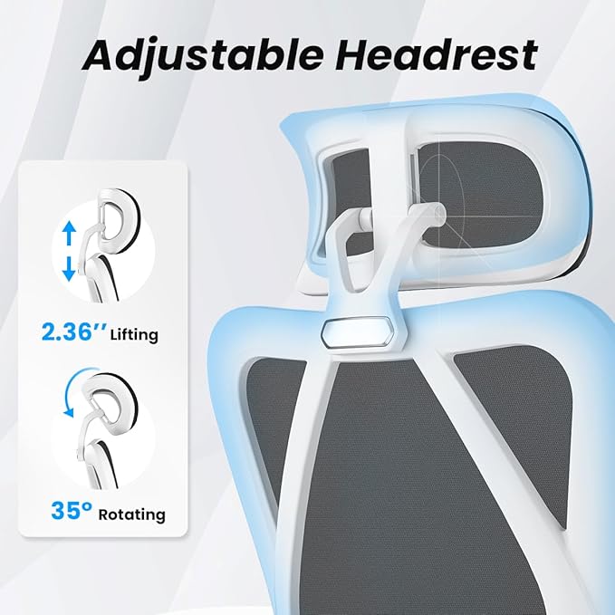 Farini Ergonomic Office Chair with Footrest, Mesh Office Desk Chair with Headrest, High Back Computer Chair with Adjustable Lumbar Support for Home Office Study Room Bedroom, White & Black