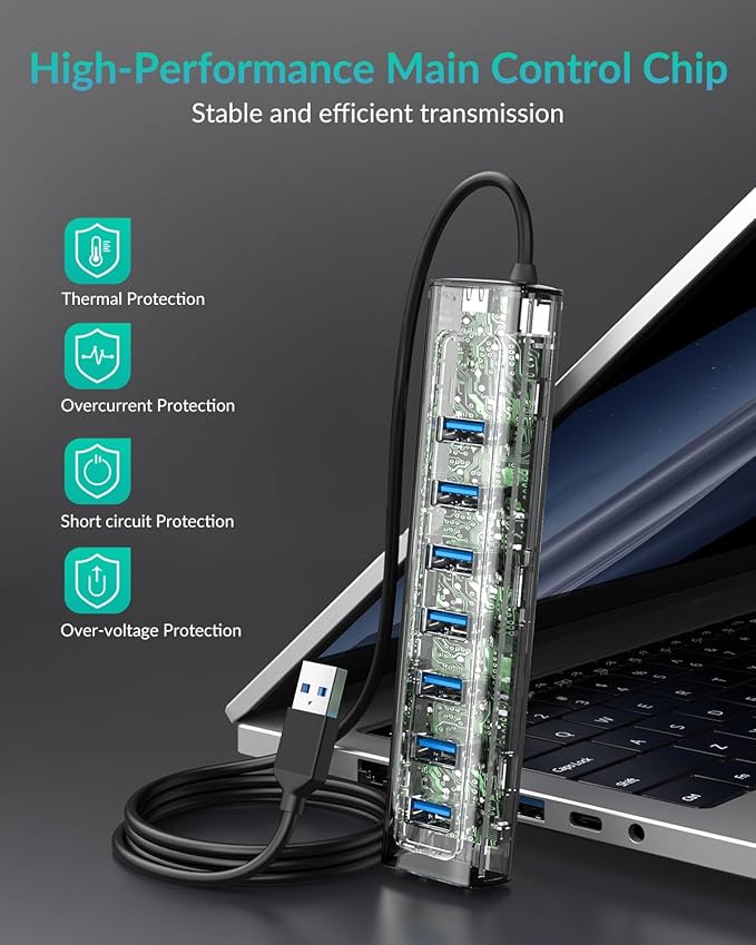 GM7U 7-Port USB 3.0 Hub, 3.3FT Long Cable, Aluminum, High-Speed, Multi Port Extender Hub, External Expansion Data Hub for PC Laptop, Desktop Computer, Older Mac, Black Grey