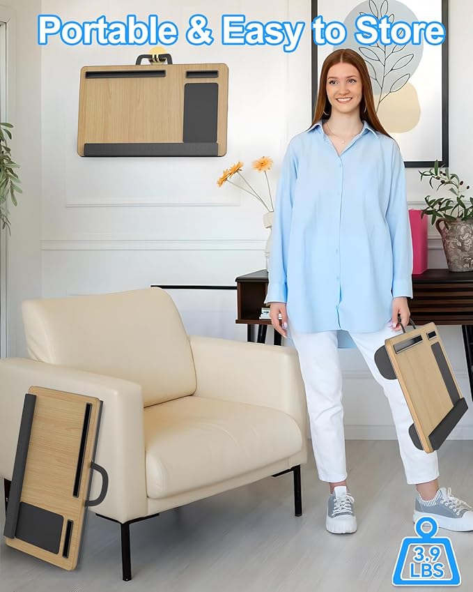 Laptop Lap Desk, Portable Large Laptop Desk for Bed, Up to 17 in Lap Table with Wrist Rest, Mouse Pad, Tablet Phone Slot, Portable Handle, Cushion (Light Brown)