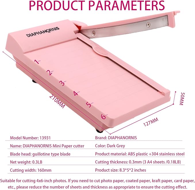 Guillotine Paper Trimmer, Mini Compact Paper Cutter, 1/4-Inch Grid for Precision Cutting, Straight Cuts Up to 3 Sheets, Perfect for Photos,Coupons,Card Making and Small Craft Projects (Pink)