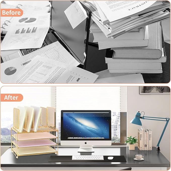 Desk Organizers and Accessories, 3-Tier Paper Organizer with 5 Vertical File Holders, File Organizer for Desk, Desk Accessories & Workspace Organizers (Gold, 3T)