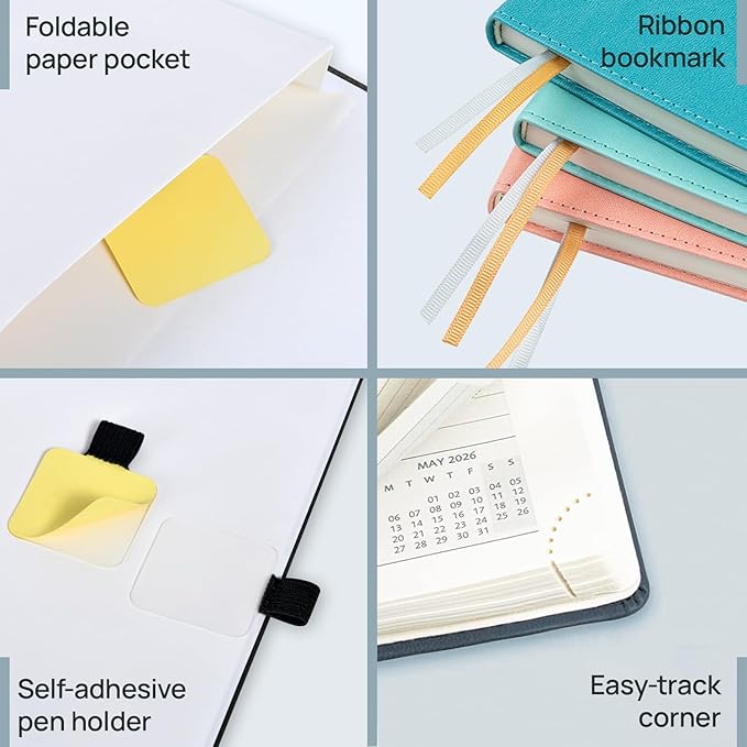 POPRUN Pocket Calendar 2026 (Small Size- 4'' x 6.25") Weekly and Monthly for Purse - Planner 2026 (Jan. 2026 - Dec. 2026) with Vegan Leather Soft Cover, Plastic Ruler, Pen Holder and More - Grey