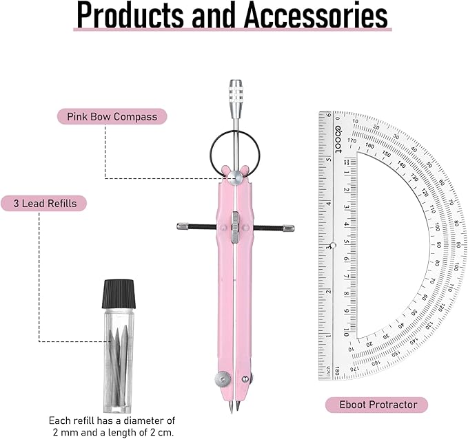 EBOOT Student Geometry Math Set, Drawing Compass and 6 Inch Clear Swing Arm Protractors 180 Degree Math Protractor (Pink)
