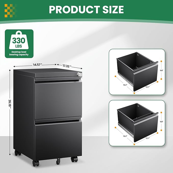 2 Drawer Locking Under Desk Metal Storage Cabinet on Wheels for Legal/Letter/A4 Files (Fully Assembled, Black)
