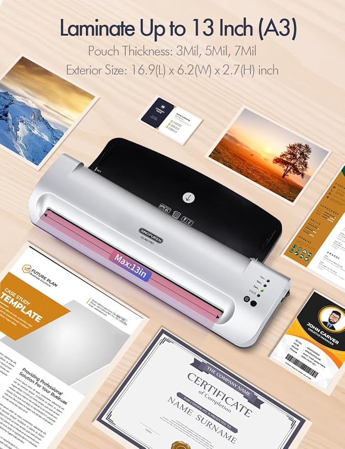 Laminator Machine, SINOPUREN 13-inch Thermal Laminator, with Paper Trimmer, Corner Rounder, 10 Pouches Sheets, Quick Warm-Up, Cold and Hot Laminating for Home/School/Office