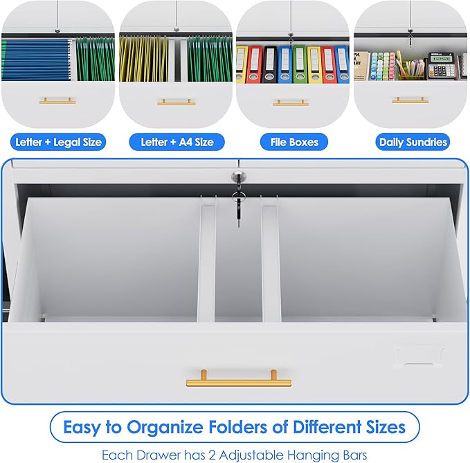 1 Drawer Lateral File Cabinet with Lock, Metal Filing Storage Cabinet with Locking Doors and Adjustable Shelf for Home, Office, School, Fits A4/Letter/Legal Size Folders, White