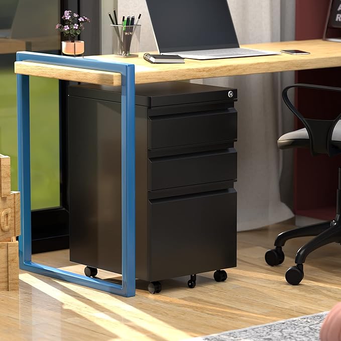 Aobabo Steel 3 Drawer Mobile File Cabinet with Lock, Under Desk Metal Filing Cabinet, 23.6''H A4/Legal/Letter Size Fully Assembled Except Wheels, Black