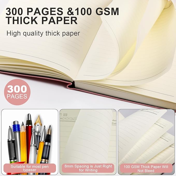 Aesthetic Lined Journal Notebook for Women,300 Pages Softcover Leather Lined Journal Notebook,300 Pages Daily Journal, College Ruled Notebook for Work School, Note Taking 5.75'' X 8.38'' Pink