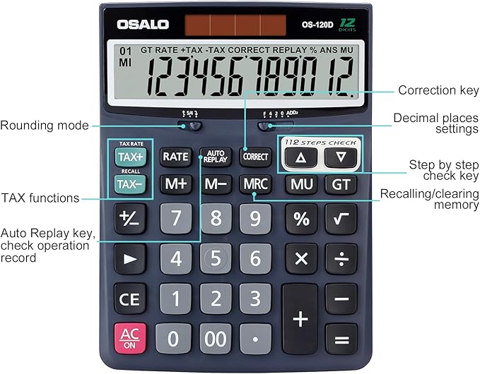 OSALO 12 Digits Desktop Calculator Extra Large LCD Display with VAT Tax Big Button, Dual Solar Power and Battery, Basic Calculator for Office, Home, School (DJ-120D Deep Blue)
