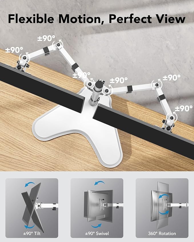 HUANUO 32 inches Dual Monitor Stand up to 17.6lbs, High-Grade Aluminum Free-Standing Dual Monitors Mount for 2 Screens. Fully Adjustable Dual Monitor Stand for Desk with Tilt, Swivel, Rotation, White