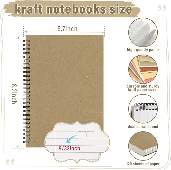 Fuutreo 12 Pcs Spiral Notebook for Work A5 8.3 x 5.7 Inch College Ruled Spiral Journal Notebook Kraft Cover Notebook Ruled Paper, 12 Color, 60 Sheets, 120 Pages for Office School (Vibrant Color)