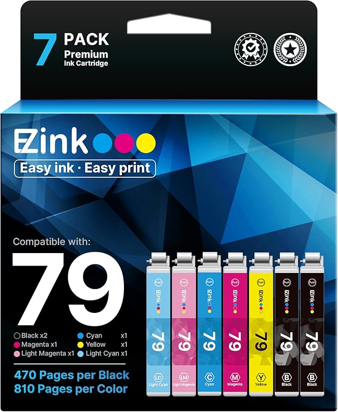 E-Z Ink Remanufactured Ink Cartridge Replacement for Epson 79 T079 (T079120, T079220, T079320, T079420, T079520, T079620) to use with Artisan 1430 and Stylus Photo 1400 Printer (7 Pack)