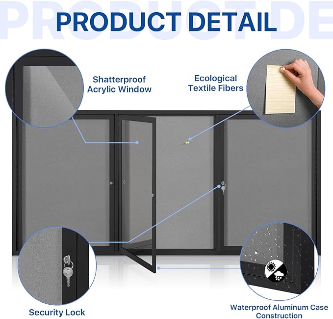 SWANCROWN Outdoor Bulletin Board 70x36in, Enclosed Bulletin Board with Locking Door for Office School Commerce, Grey Felt, Black Aluminum Frame