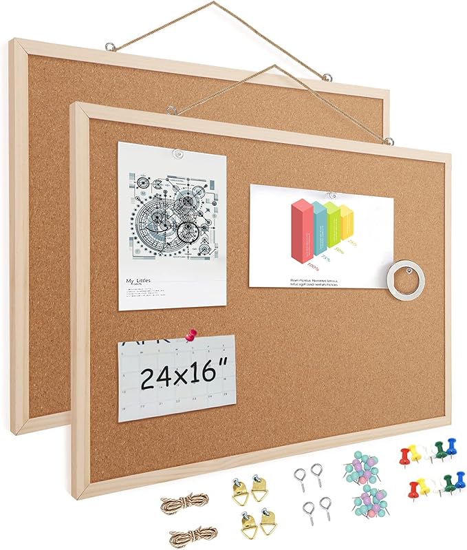 2 Pack 16” x 24” Cork Boards for Walls with Wooden Frame, Double Sided Office Board for Wall Organizer, Bulletins Board Decorative Hanging Pin Board for School, Home & Office, Memo Board