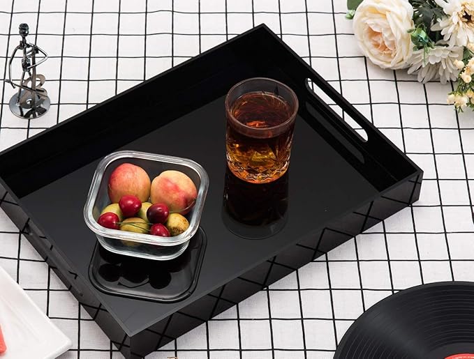 Glossy Black Sturdy Acrylic Serving Tray with Handles - 10x15 Inch, Coffee, Appetizer, Breakfast Tray - Butler, Kitchen to Vanity Table, Decorative