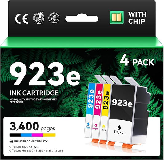923 923e Ink Cartridges with chip Printers 4-Pack High Yield Black Cyan Magenta Yellow Replacement for HP 923 923e 923XL Ink Compatible for OfficeJet Pro 8135e 8138e 8139e 8122e 8120 8123 8130 8133