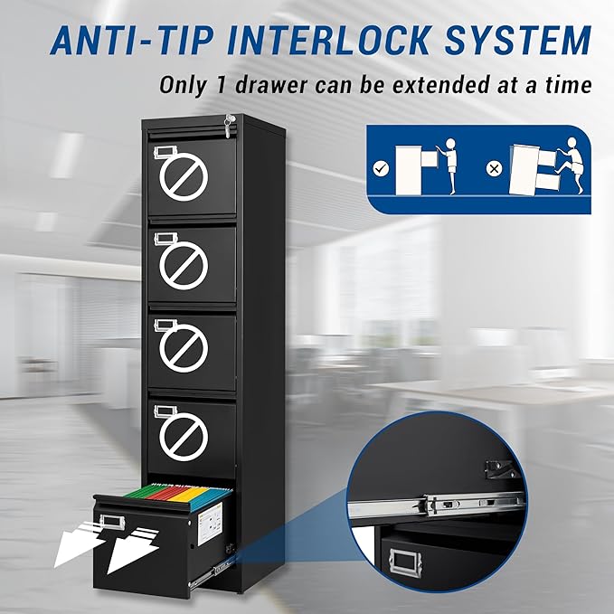 File Cabinets - 5 Drawers Vertical 17.8" Deep Lockable Filing Cabinet - Black & Gray Metal Storage Cabinets for Home Office to Hanging Files Letter/Legal/F4/A4 Size