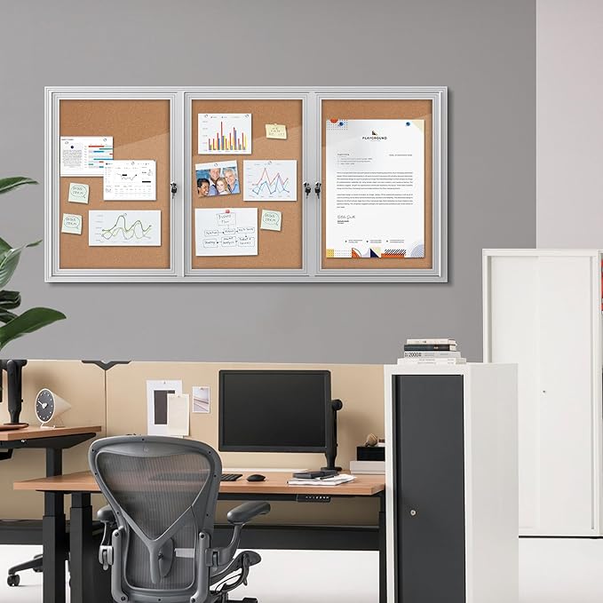 70"x34" Enclosed Bulletin Board, Outdoor Lockable Weather-Resistant Aluminum Cork Noticeboard for School & Office, Silver Frame w/Cork