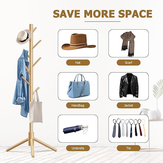 Wooden Coat Rack, Free Standing Coat Rack with 8 Hooks 3 Adjustable Heights for Clothes, Hats, Handbags, Coat Tree Easy Assembly for Entryway, Bedroom, Hallway, Office(2PCS)