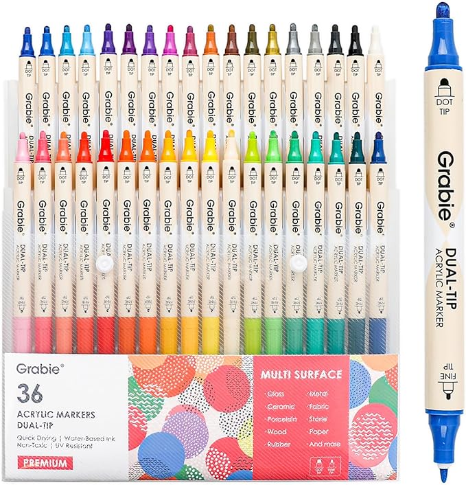 Grabie 36 Dual Tip Acrylic Paint Markers, Acrylic Paint Pens, Fabric Markers for Fabric, Canvas, Rock, Glass, Wood, Paper, DIY, Canvas DIY Art Supplies Kit