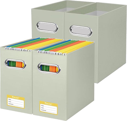 BALEINE File Organizer Box, Cardboard File Folder Organizer with Handle for Letter Size, Portable Collapsible Hanging Filing Box for Home Office Document Storage (4 Pack, Beige)