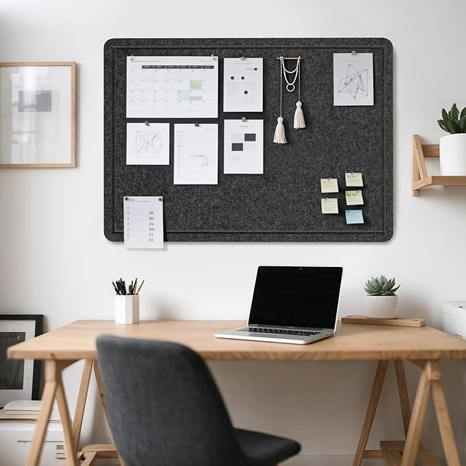 Bulletin Board, 36 x 24 inches Felt Board - Decorative Pin Board, Cork Board Alternative for Wall, 3' x 2' Foldable Picture Board Self-Adhesive Vision Board Prayer Board with 20 Pushpins - Dark Gray