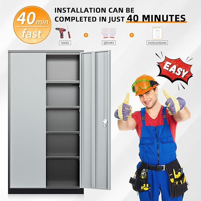 INTERGREAT Metal Storage Cabinet with Doors and Shelves,72" H Black Gray Steel Tool Locking Cabinet, Metal Storage Cabinet for Home Office, Warehouse, School