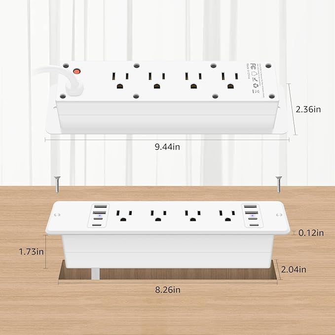 HHSOET 16 in 1 Recessed Power Strip Flat Plug, 30W Fast Charging Furniture Outlet with USB, Conference Recessed Surge Protection with 8 AC Plugs, 4 USB Ports 4 USB-C, 6ft Power Cord.(White)