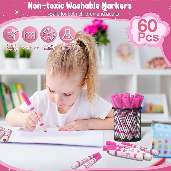 Janlaugh 60 Pcs Pink Washable Markers Bulk Coloring Broad Line Markers for Kids Conical Tip Pink drawing pens for Classroom Back to School travel Art baby shower gender reveal Supplies, Ages 6+