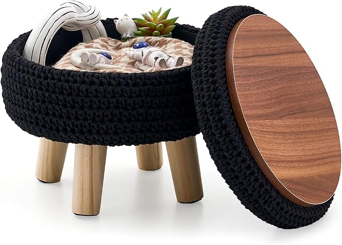 Round Storage Ottoman Foot Rest Cotton Braided Foot Stool Pouf Ottoman with Solid Wood Legs Footstool with Storage Shoe Changing Stool for Living Room Black
