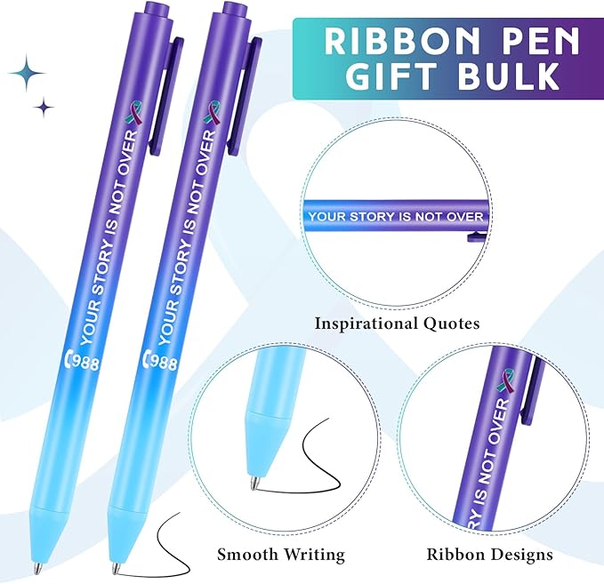 Jetec 50 Pcs Suicide Prevention Awareness Ribbon Pens Bulk Black Ink Retractable Fine Tip Ballpoint Pens with Gradient Color for Charity Volunteers Activity